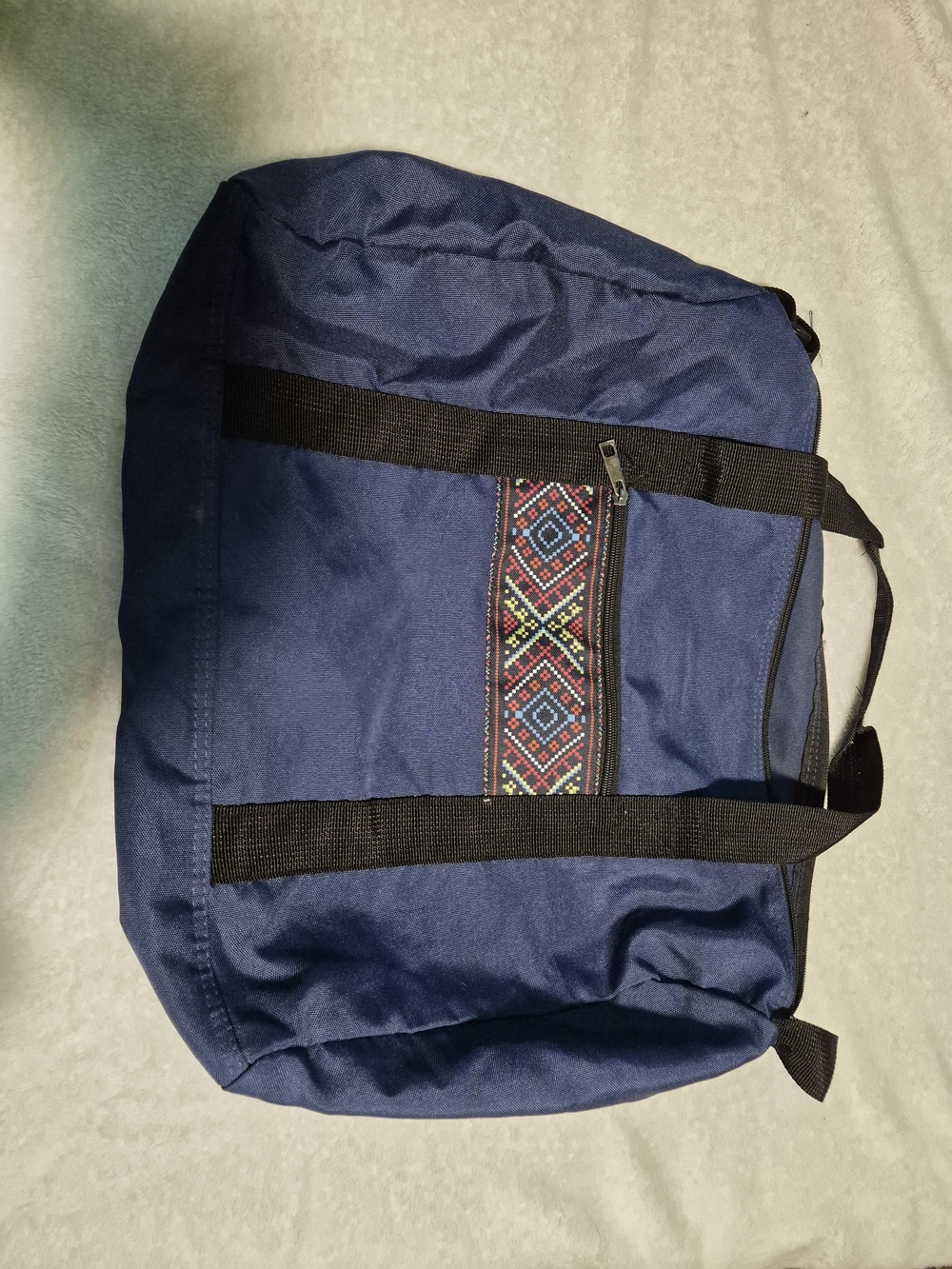 Navy Blue Men's Travel Tote Bag with Patterned Zip Pocket